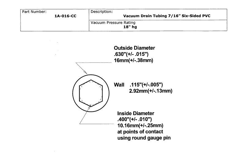 6-Sided Dental Vacuum Drain Tubing, PVC, 7/16" ID